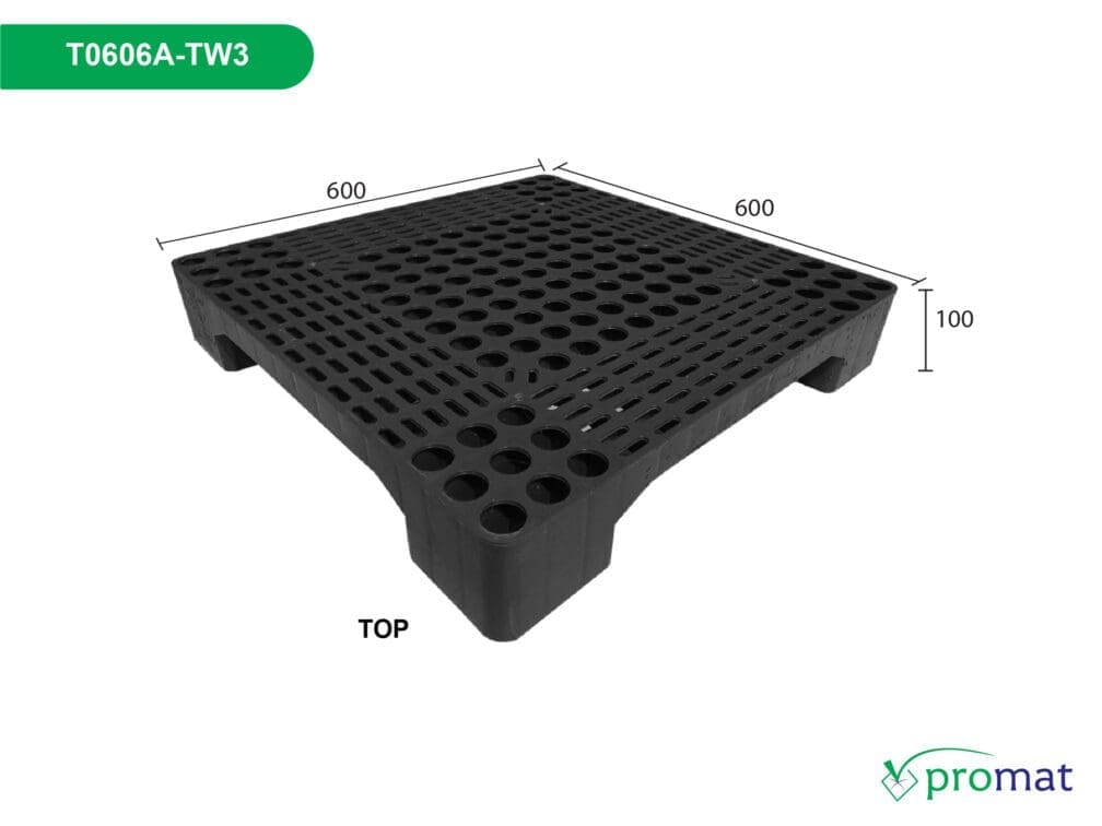 pallet nhựa đen giá rẻ xuất khẩu kích thước 600x600x100mm giá 1 tấm pallet nhựa để hàng cần mua bán tại tphcm hà nội đà nẵng mã hàng t0606a-tw3 promat vietnam promat.com.vn