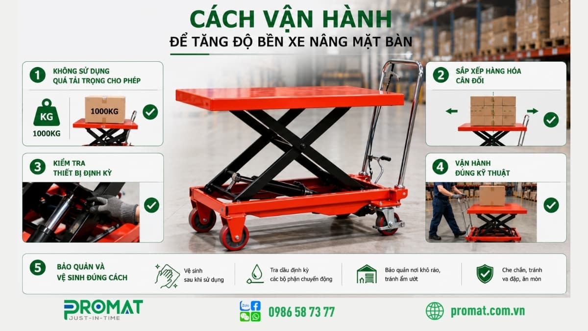 Khi Nào Doanh Nghiệp Nên Sử Dụng Xe Nâng Mặt Bàn 1000Kg? 3 Vận hành xe nâng mặt bàn 1000kg đúng cách sẽ kéo dài độ bền về sau