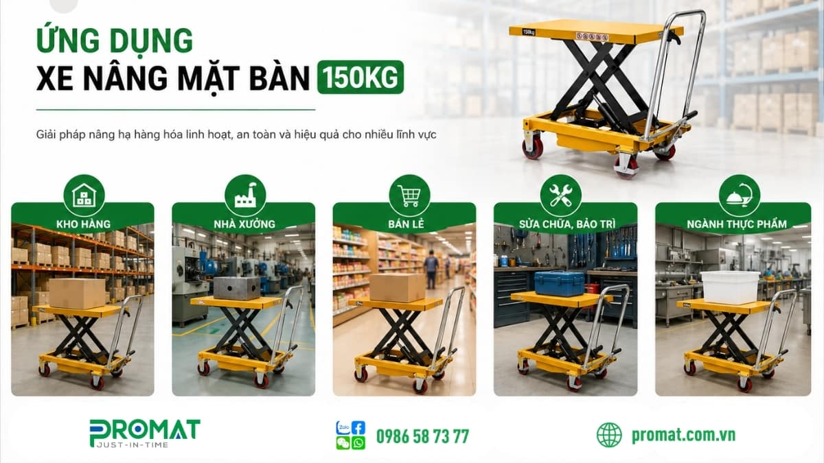 Cấu Tạo &Amp; Ứng Dụng Xe Nâng Mặt Bàn 150Kg 2 Xe nâng tay mặt bàn tải trọng 150kg được ứng dụng nhiều