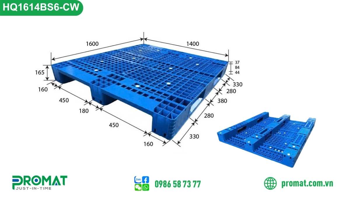 Pallet nhựa tải nặng 1600x1400x165mm HQ1614BS6-CW