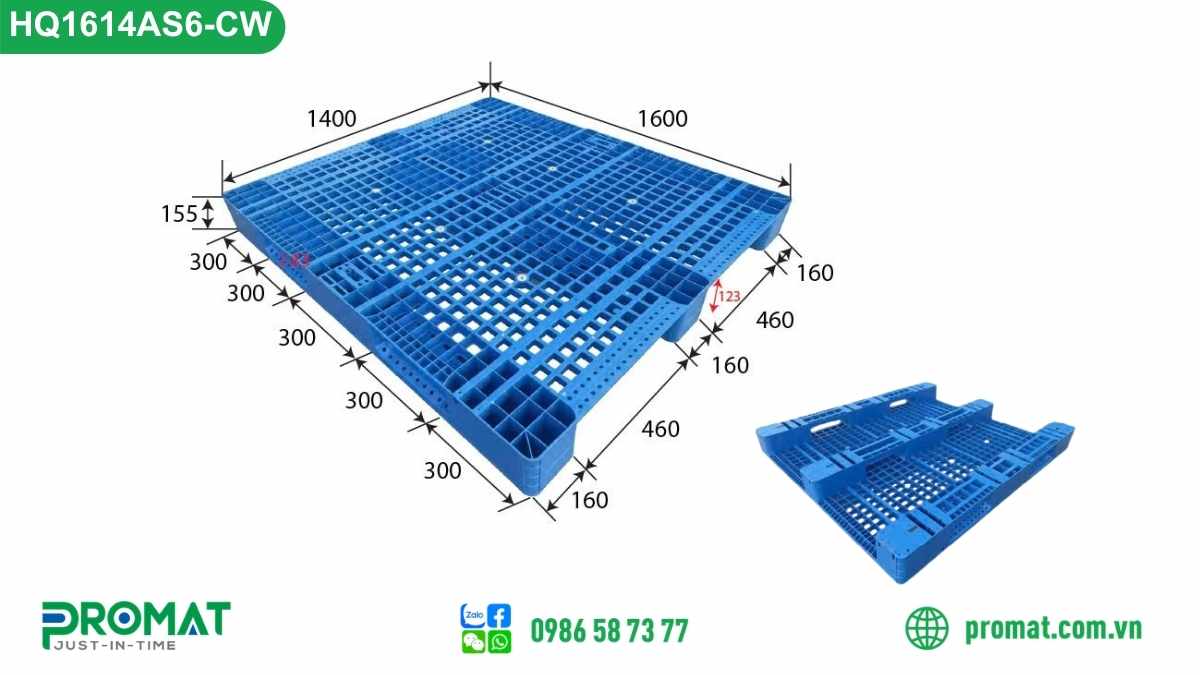 Pallet nhựa tải nặng 1600x1400x155mm HQ1614AS6-CW
