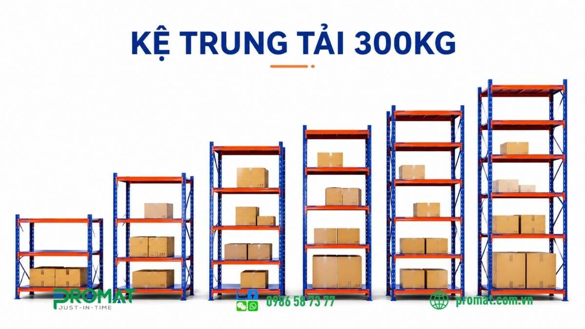 Kệ Trung Tải 300Kg Trong Lưu Trữ Kho Hàng 4 Kệ có nhiều kích thước khác nhau