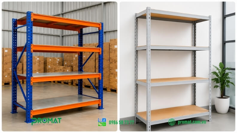So sánh kệ trung tải & kệ sắt V lỗ