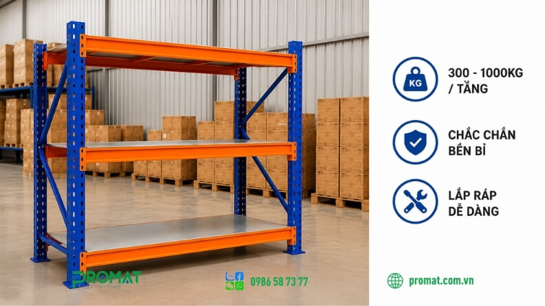 Kệ trung tải được sử dụng rộng rãi trong kho bãi