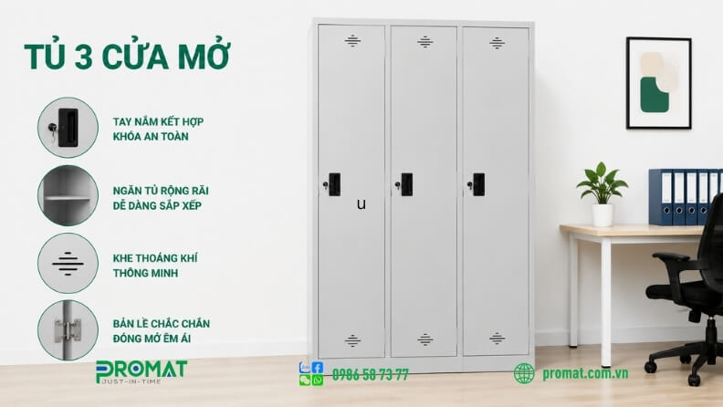 Tủ có cửa mở với 3 ngăn đồng đều