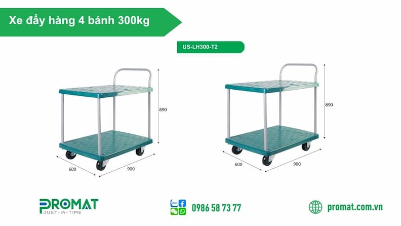 Top 5 Xe Đẩy Hàng 4 Bánh 300Kg Promat Bền, Tải Trọng Khoẻ 1 Xe đẩy hàng 4 bánh 2 tầng 300kg US-LH300-T2