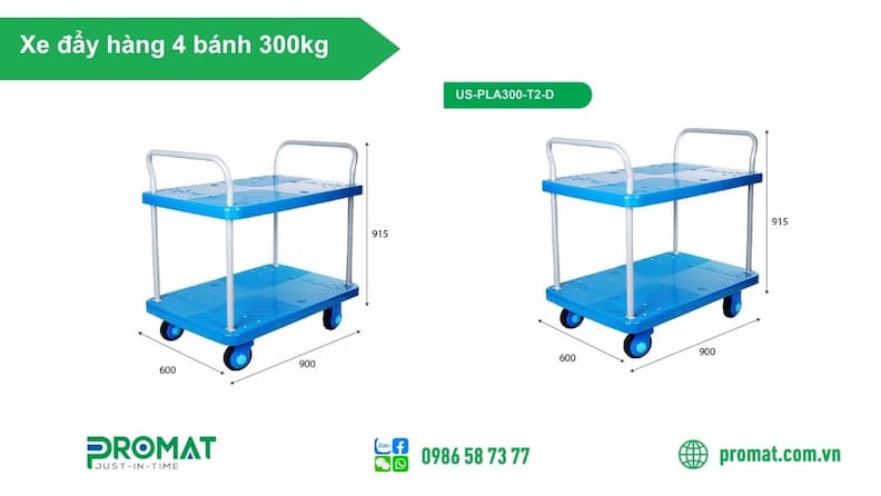 Top 5 Xe Đẩy Hàng 4 Bánh 300Kg Promat Bền, Tải Trọng Khoẻ 2 Xe đẩy hàng 4 bánh 2 tầng 300kg US-PLA300-T2-D