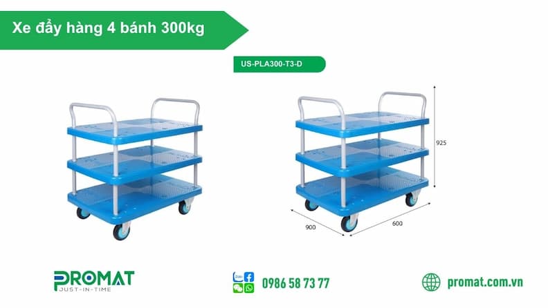 Top 5 Xe Đẩy Hàng 4 Bánh 300Kg Promat Bền, Tải Trọng Khoẻ 4 Xe đẩy hàng 4 bánh 3 tầng 300kg US-PLA300-T3-D