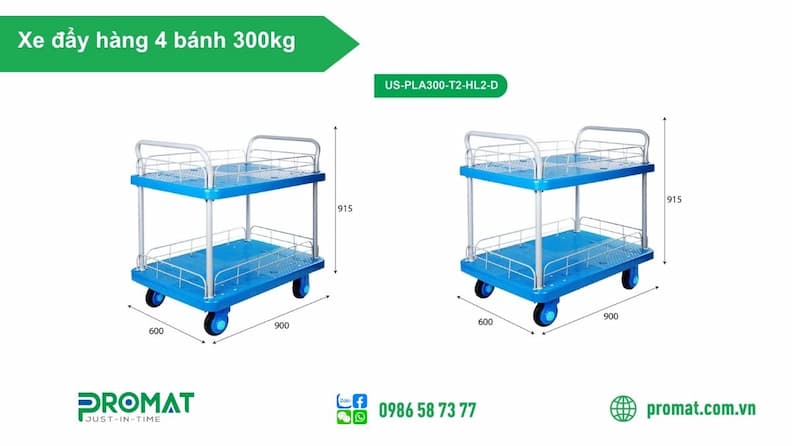 Top 5 Xe Đẩy Hàng 4 Bánh 300Kg Promat Bền, Tải Trọng Khoẻ 3 Xe đẩy hàng 4 bánh 2 tầng 300kg có lưới ngăn US-PLA300-T2-HL2-D