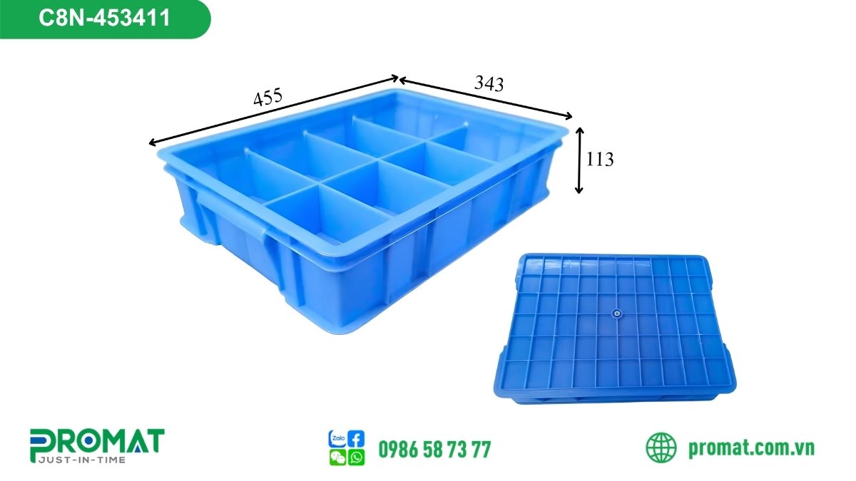 Sóng Nhựa Kín 455X343X113Mm Chia 8 Ngăn 2 C8N 453411 2